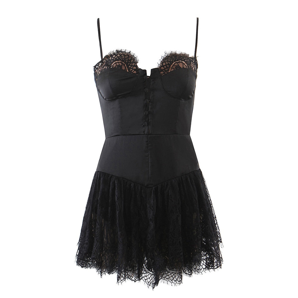 Strap Frill Trim Lace Mini Dress