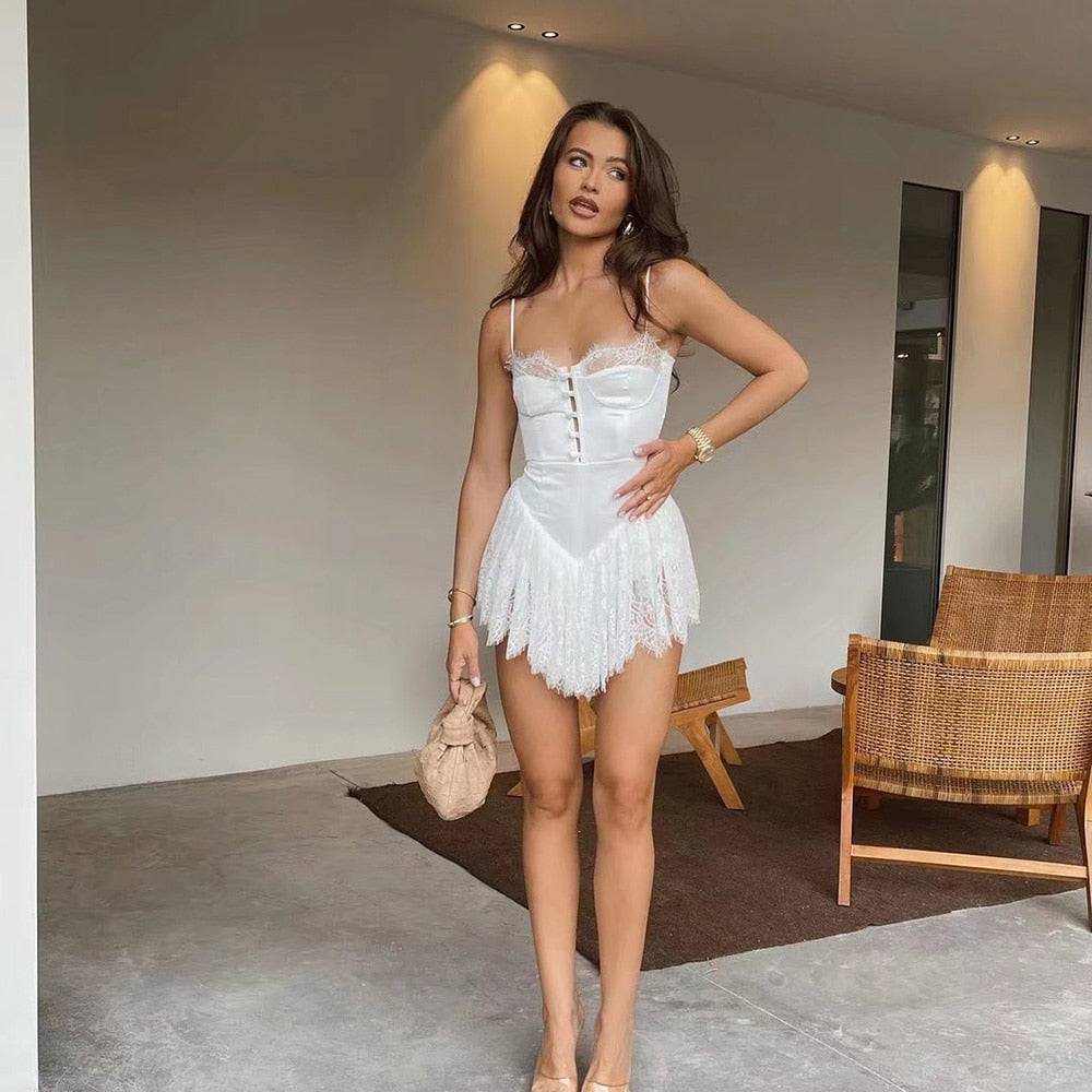Strap Frill Trim Lace Mini Dress