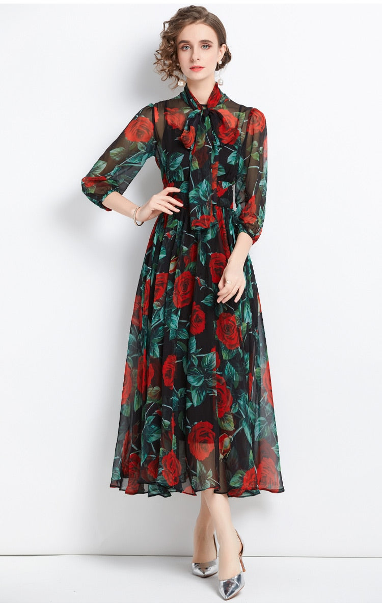 Spring Summer Holiday Rose Flower Dress Women Bow Collar Zipper Chiffon Floral Print Long Pleated Vacation Beach Vestidos