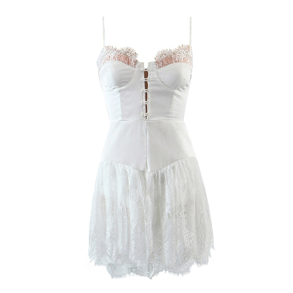 Strap Frill Trim Lace Mini Dress