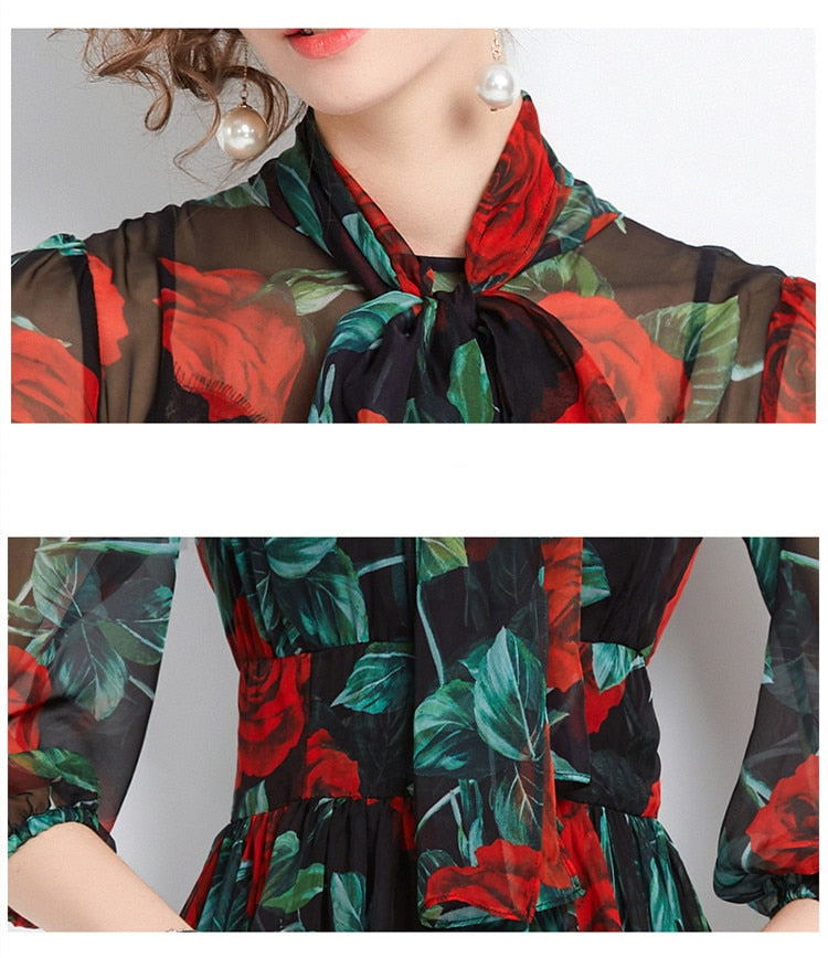 Spring Summer Holiday Rose Flower Dress Women Bow Collar Zipper Chiffon Floral Print Long Pleated Vacation Beach Vestidos