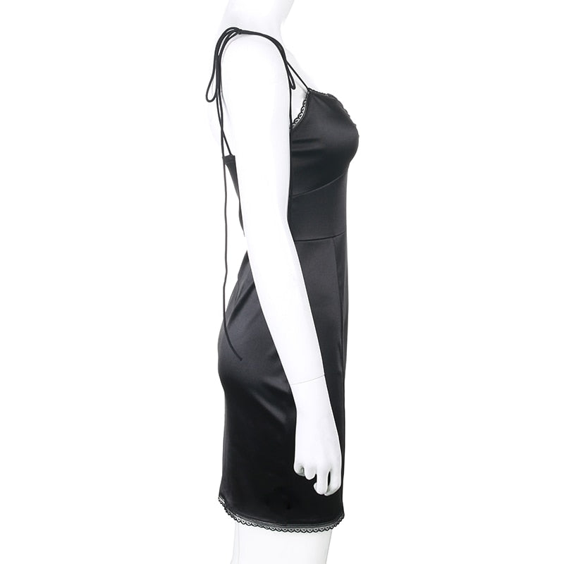 Strappy Satin Ruched Black Dress