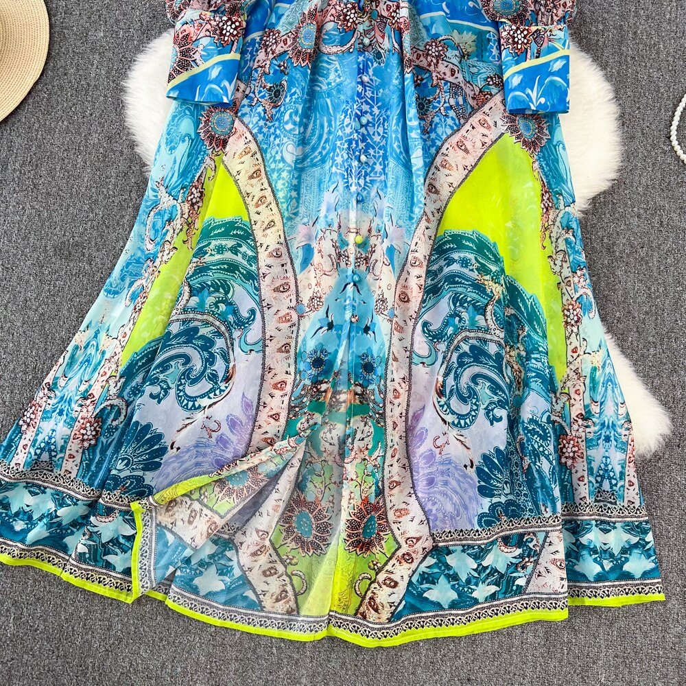 Spring Autumn Elegant Blue Maxi Dress