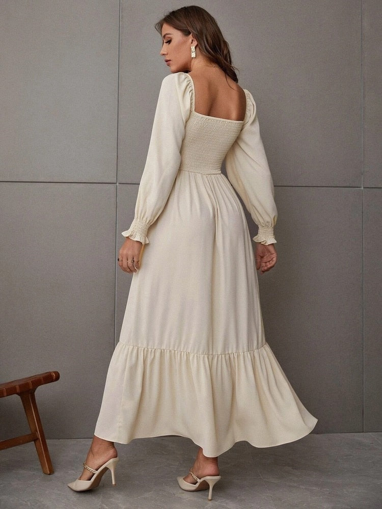 Square Neck Shirred Ruffle Hem Dress