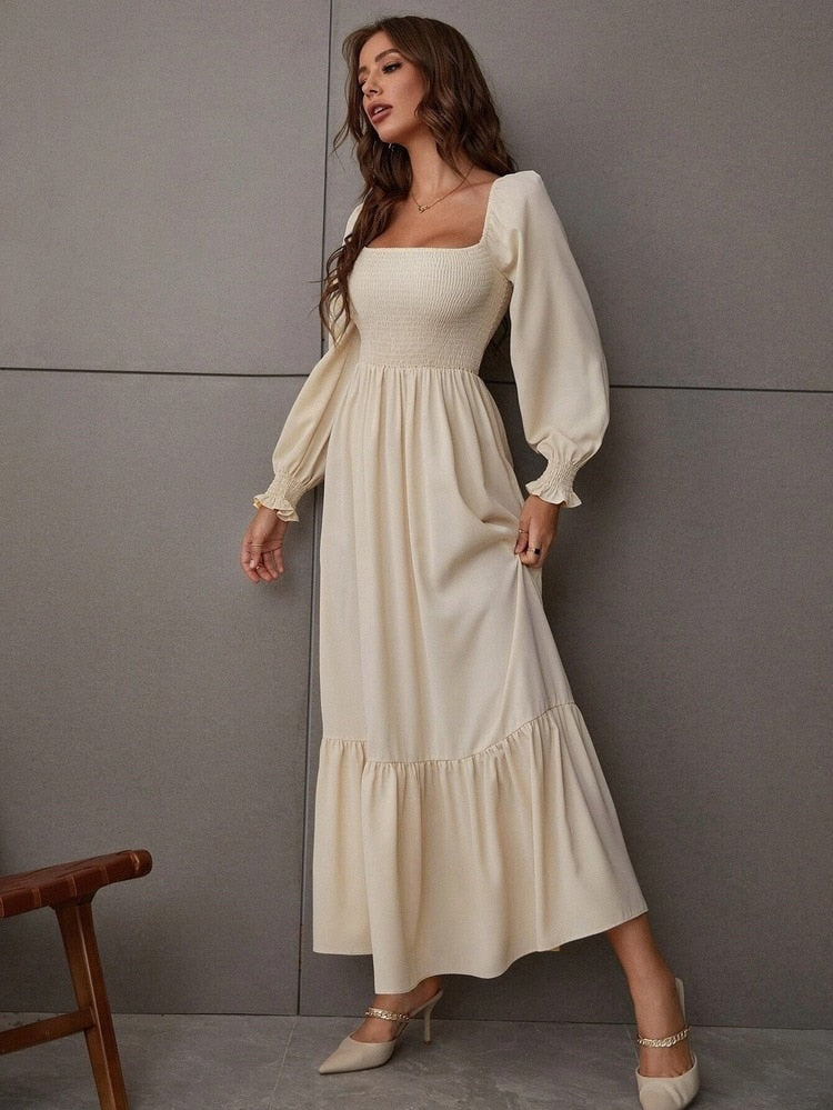 Square Neck Shirred Ruffle Hem Dress