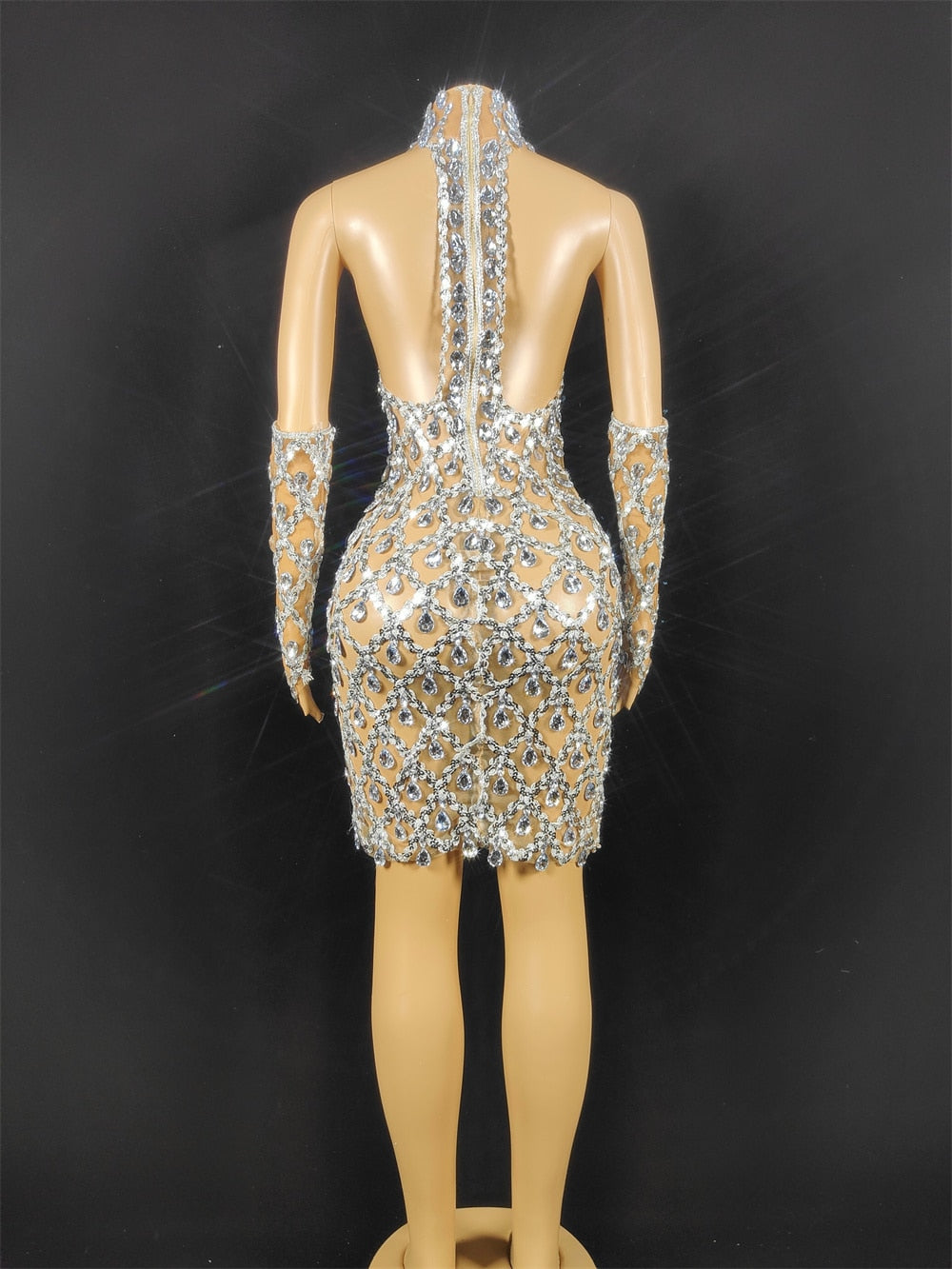 Sparkly Silver Rhinestone Mirror Elastic fabric short Dress