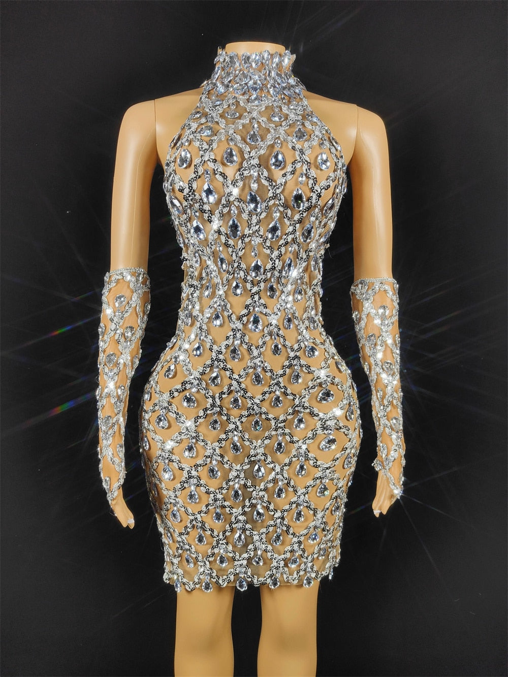 Sparkly Silver Rhinestone Mirror Elastic fabric short Dress