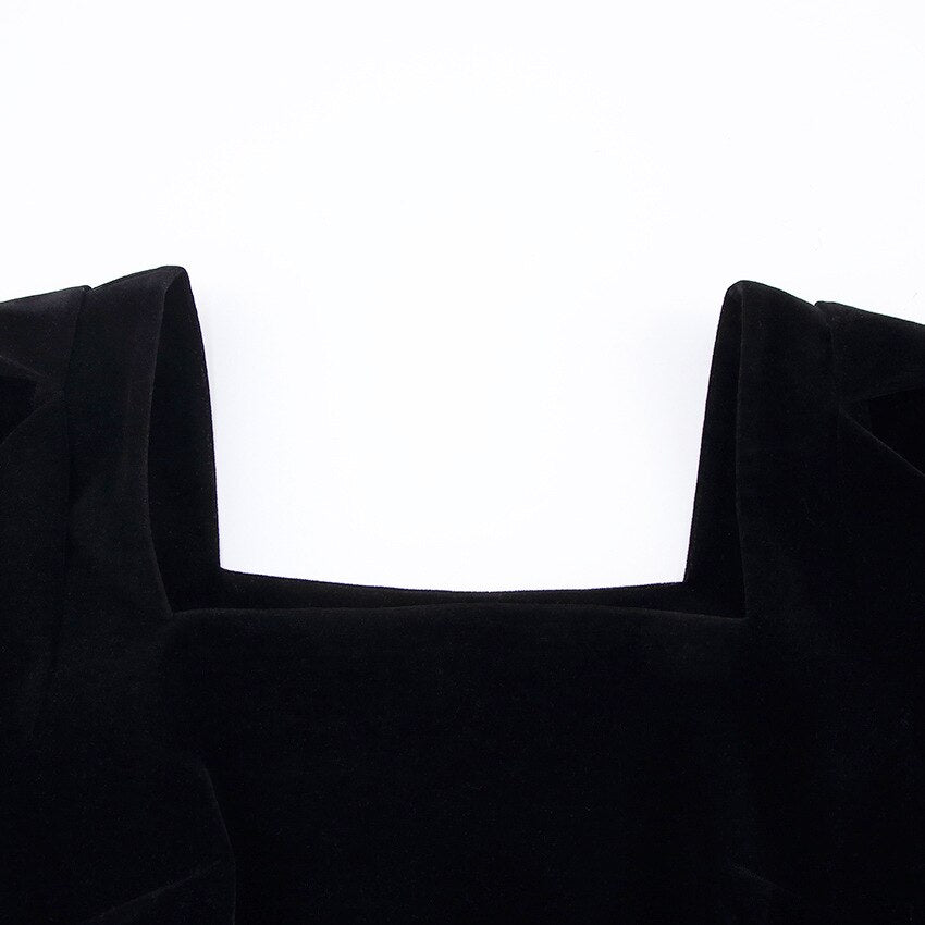 Square Collar Black Bubble Sleeve Long Sleeve Velvet Dress