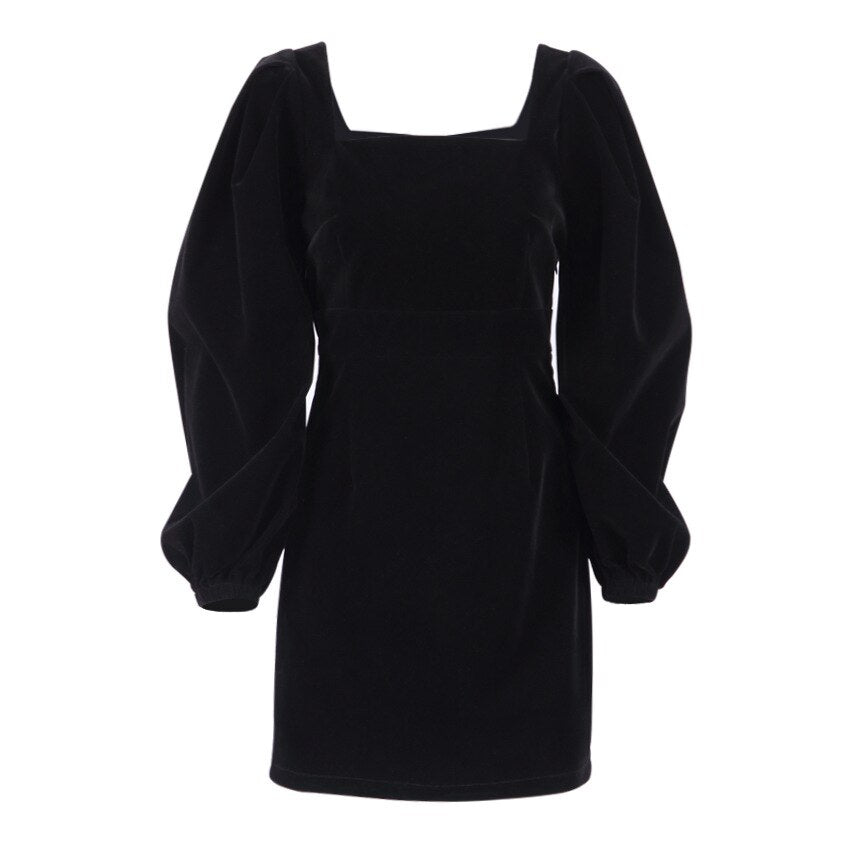 Square Collar Black Bubble Sleeve Long Sleeve Velvet Dress
