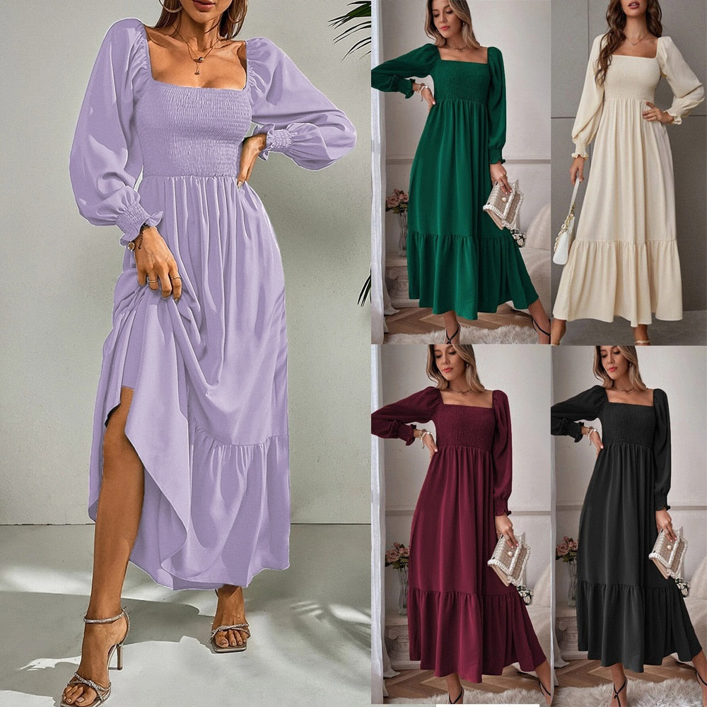Square Neck Shirred Ruffle Hem Dress