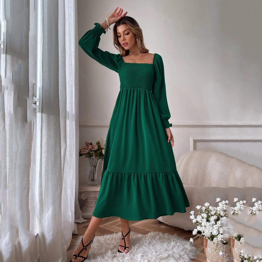 Square Neck Shirred Ruffle Hem Dress