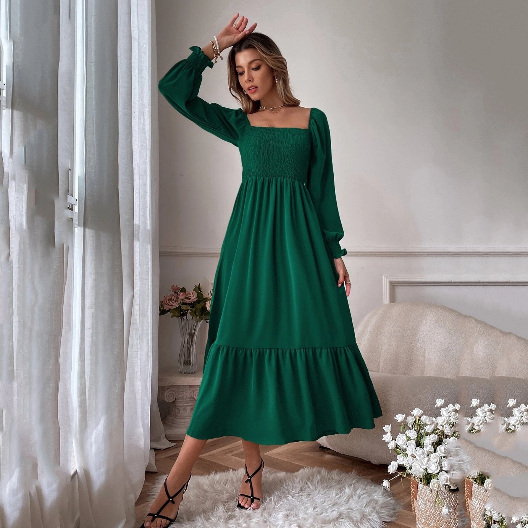 Square Neck Shirred Ruffle Hem Dress