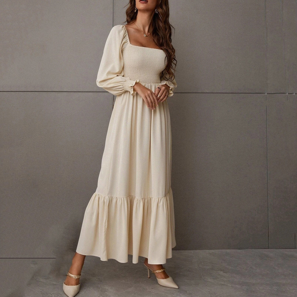 Square Neck Shirred Ruffle Hem Dress