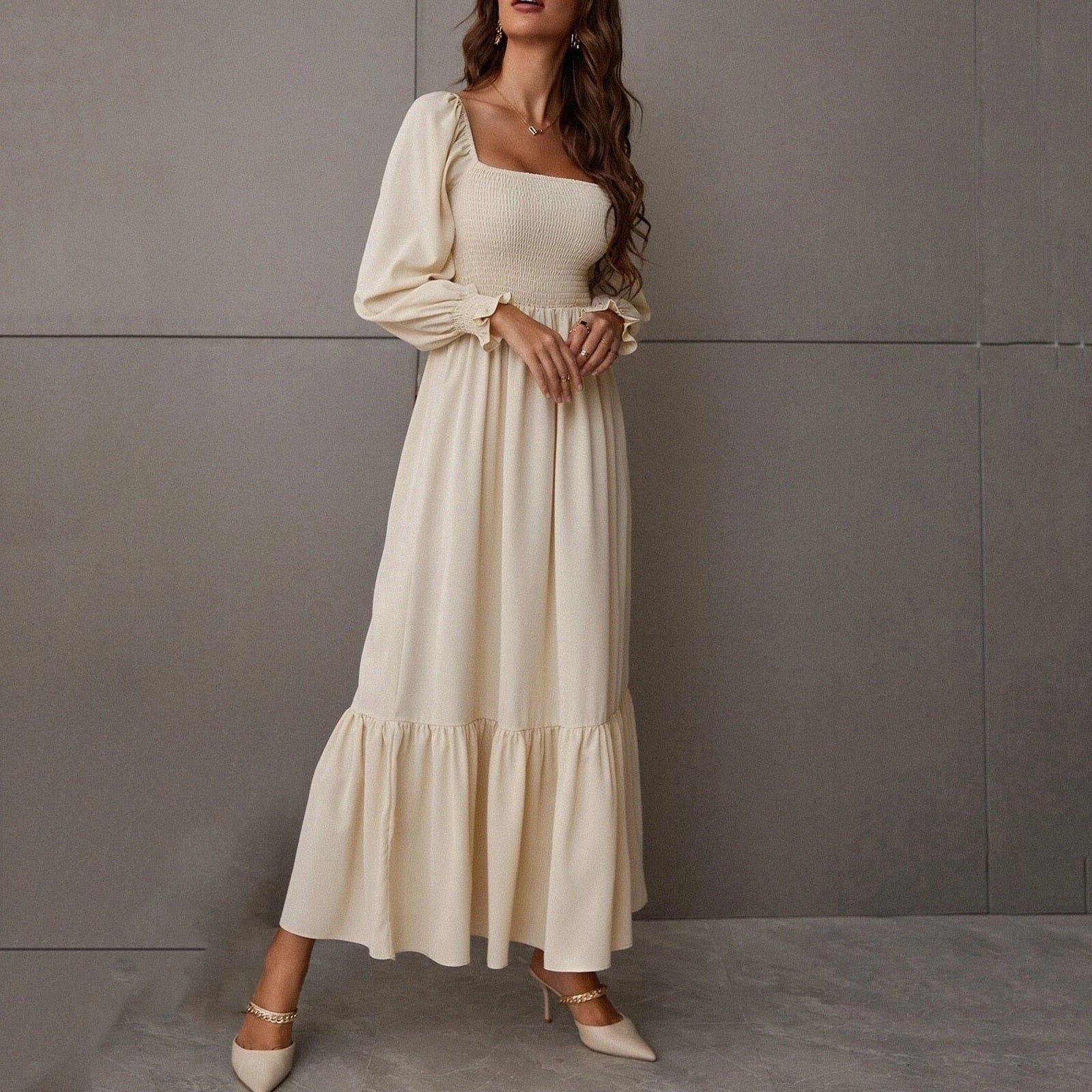 Square Neck Shirred Ruffle Hem Dress