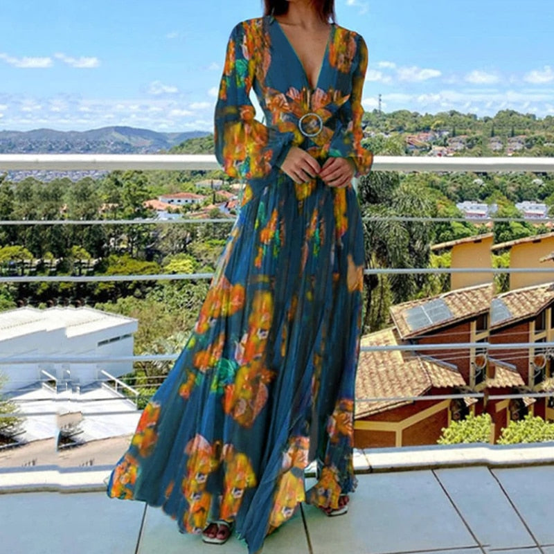 Spring Vintage Floral Print Pleated Maxi Dress
