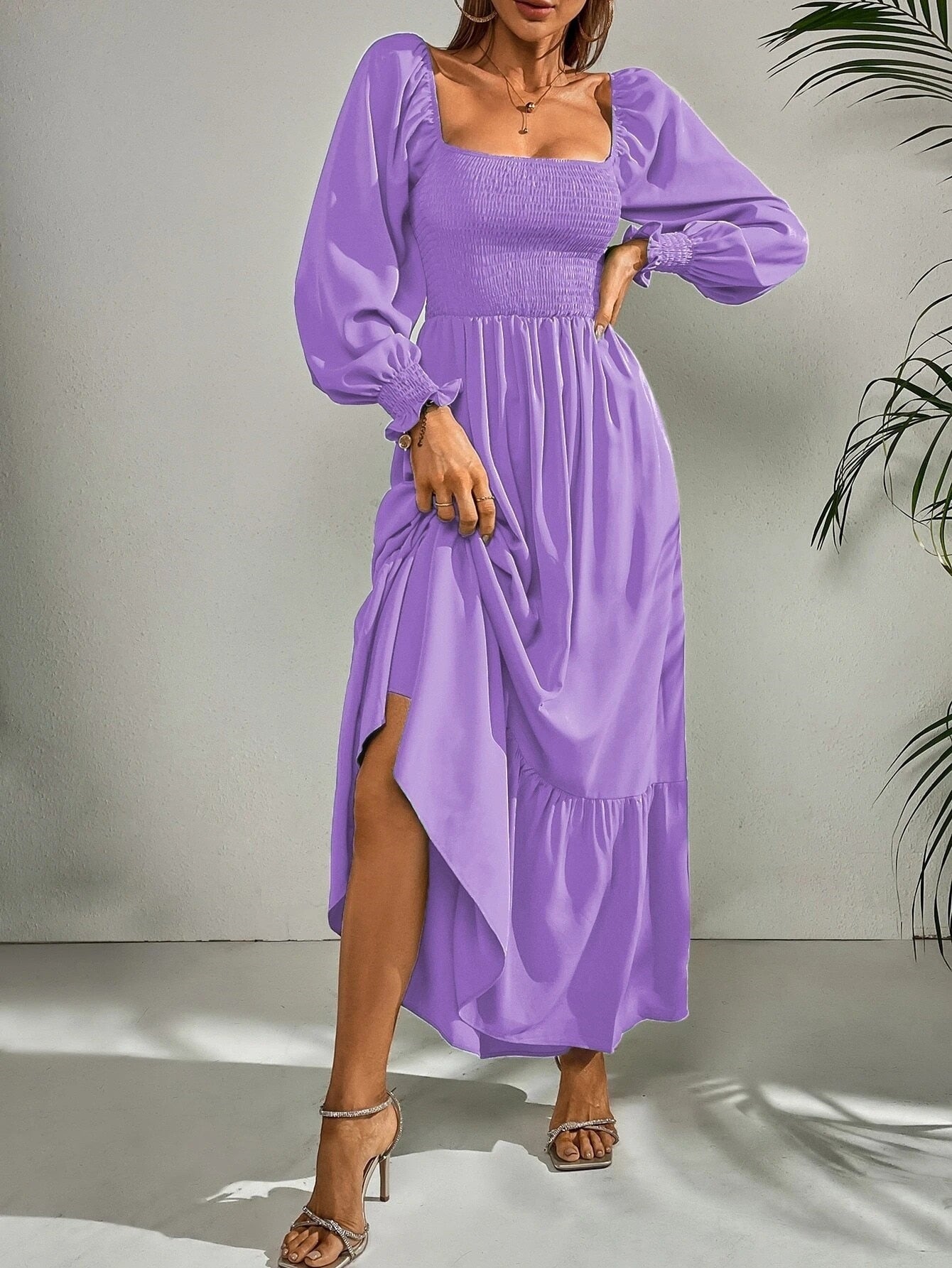 Square Neck Shirred Ruffle Hem Dress