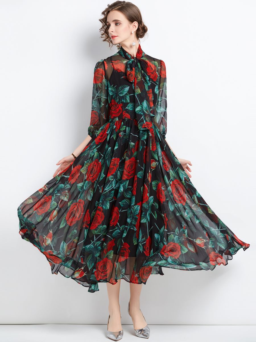 Spring Summer Holiday Rose Flower Dress Women Bow Collar Zipper Chiffon Floral Print Long Pleated Vacation Beach Vestidos
