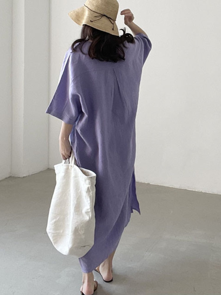 Solid V-Neck Side Split Loose Short Sleeve Long Dress