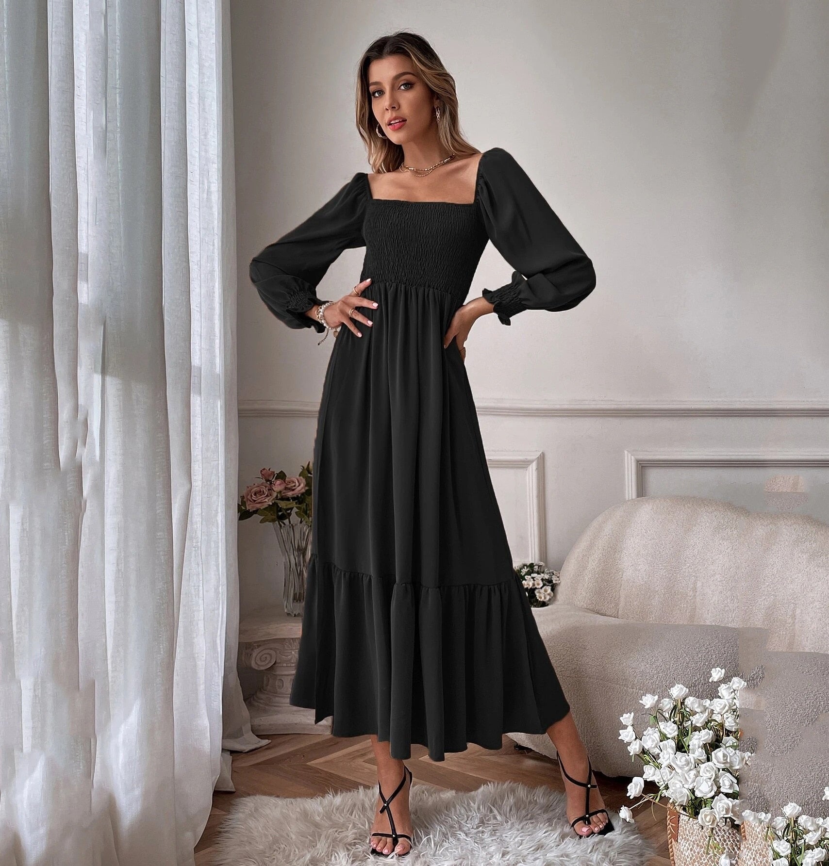 Square Neck Shirred Ruffle Hem Dress