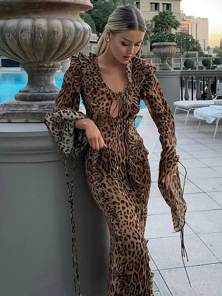Spring Chic Leopard Print Ruffle Split Dress