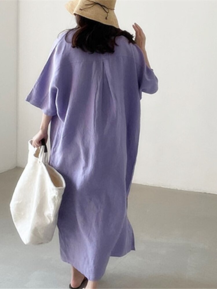 Solid V-Neck Side Split Loose Short Sleeve Long Dress