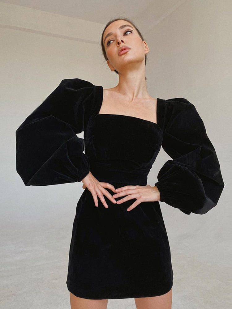 Square Collar Black Bubble Sleeve Long Sleeve Velvet Dress