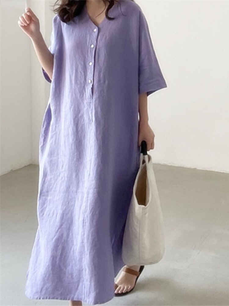 Solid V-Neck Side Split Loose Short Sleeve Long Dress