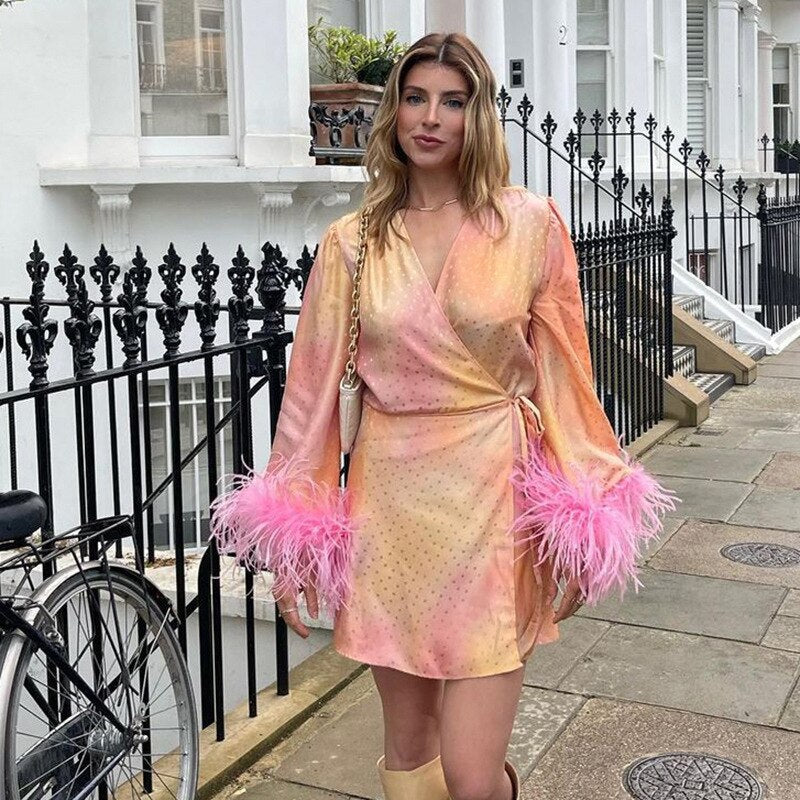 Spring Dress V-neck Feather Long Sleeve Print Mini Party Dress