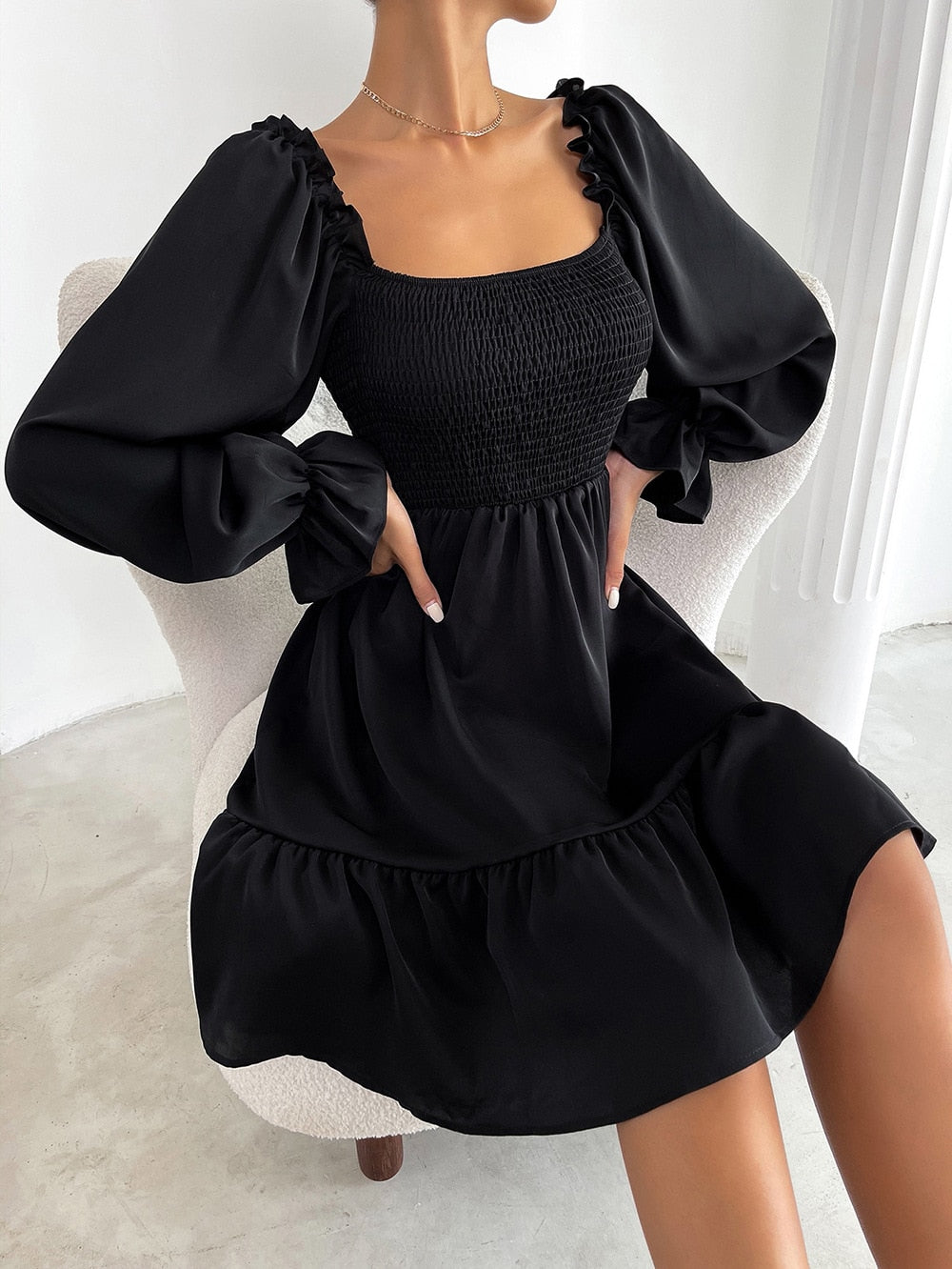 Square Neck Shirred Bodice Flounce Sleeve Ruffle Hem Dress
