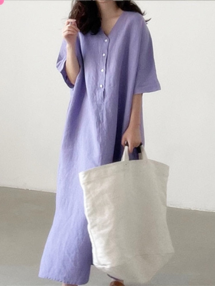 Solid V-Neck Side Split Loose Short Sleeve Long Dress