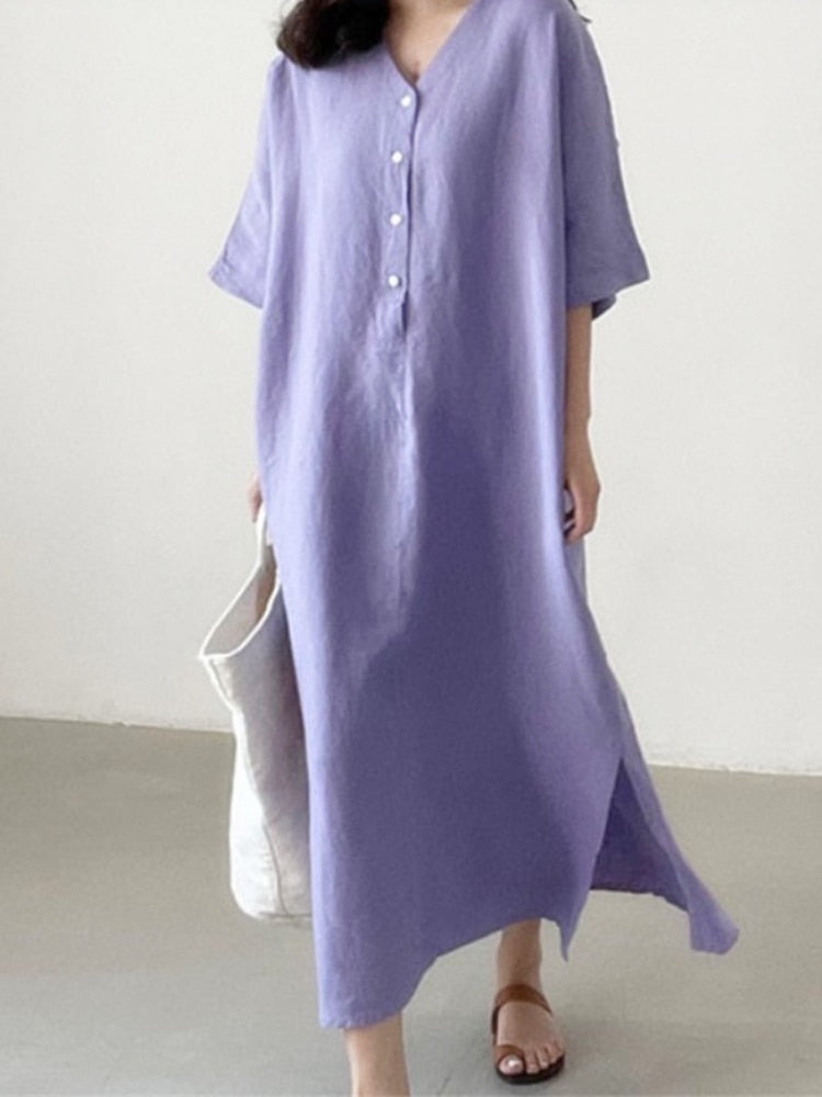 Solid V-Neck Side Split Loose Short Sleeve Long Dress