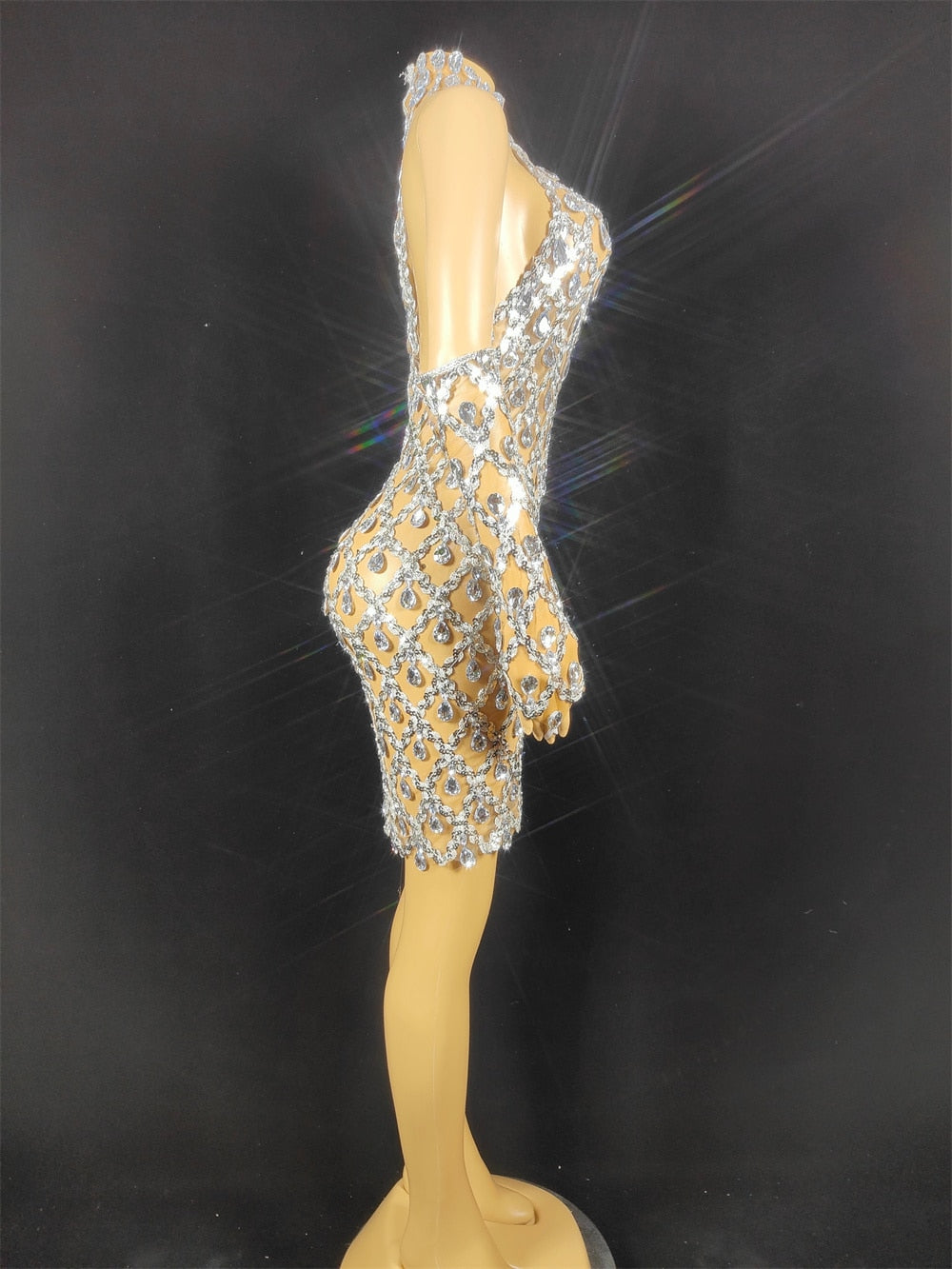 Sparkly Silver Rhinestone Mirror Elastic fabric short Dress