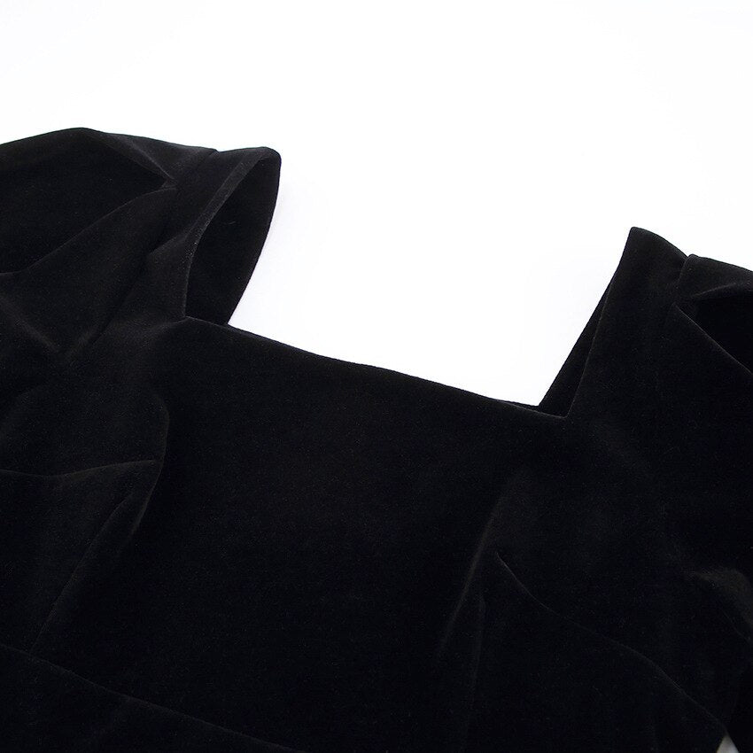 Square Collar Black Bubble Sleeve Long Sleeve Velvet Dress