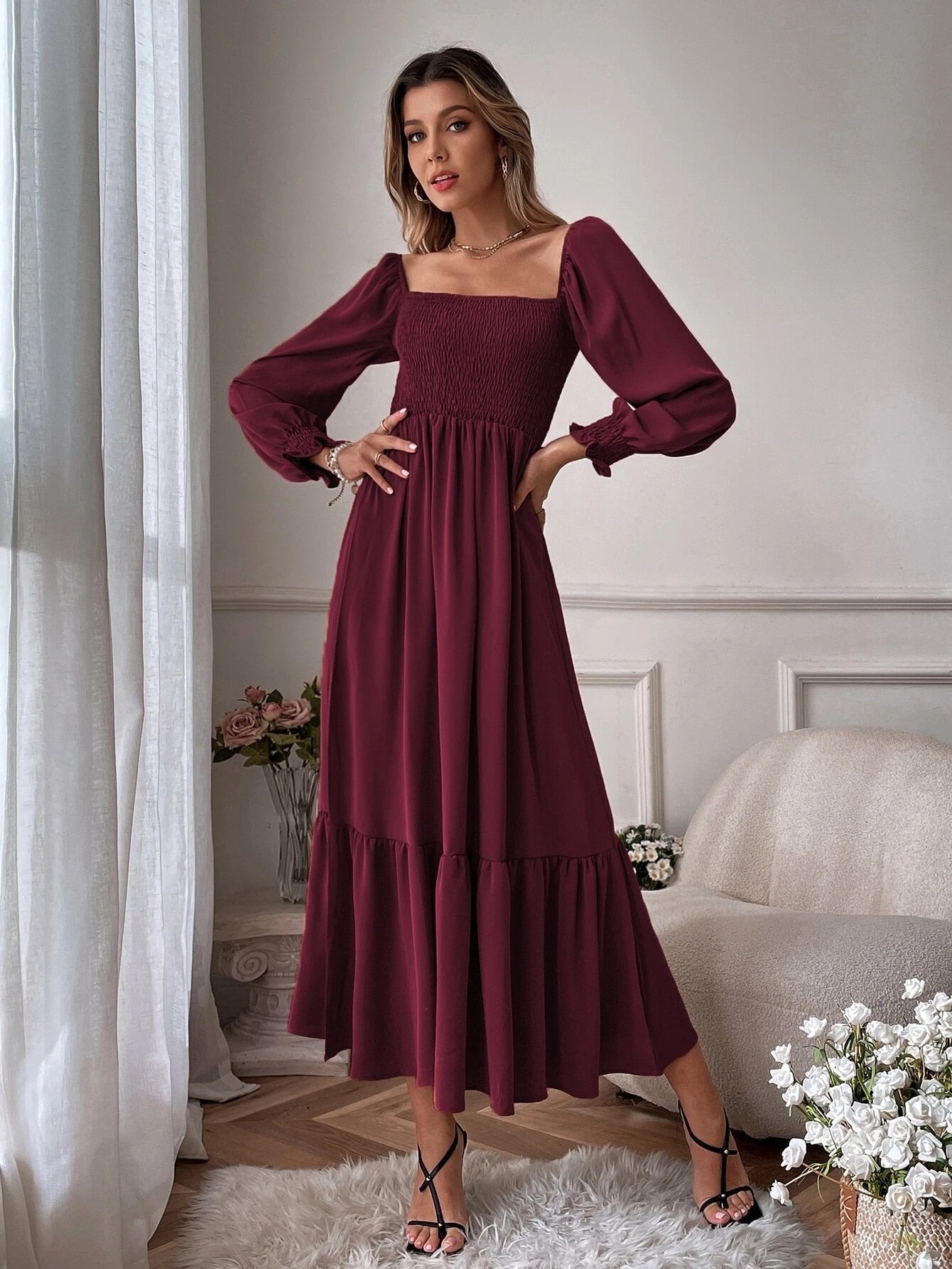 Square Neck Shirred Ruffle Hem Dress