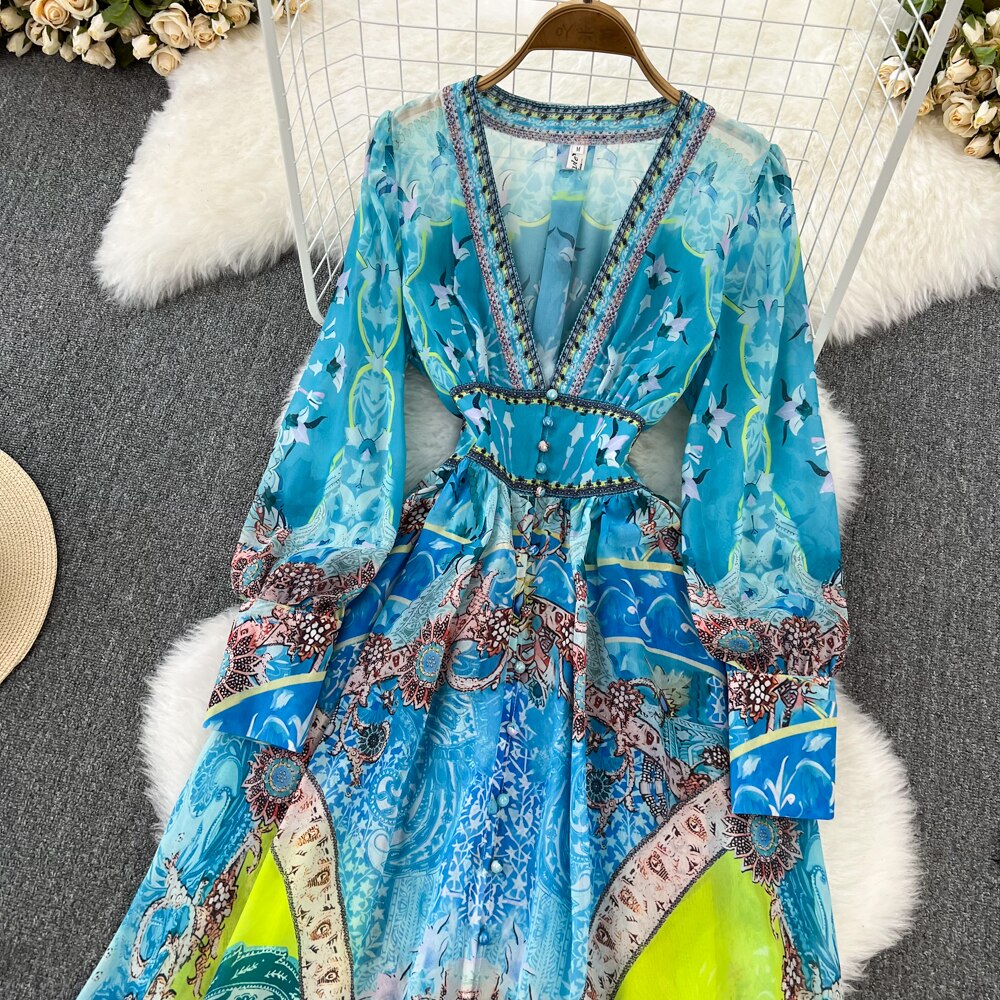 Spring Autumn Elegant Blue Maxi Dress