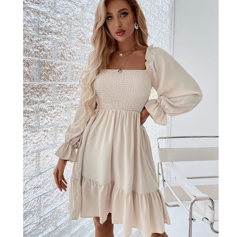 Square Neck Shirred Bodice Flounce Sleeve Ruffle Hem Dress