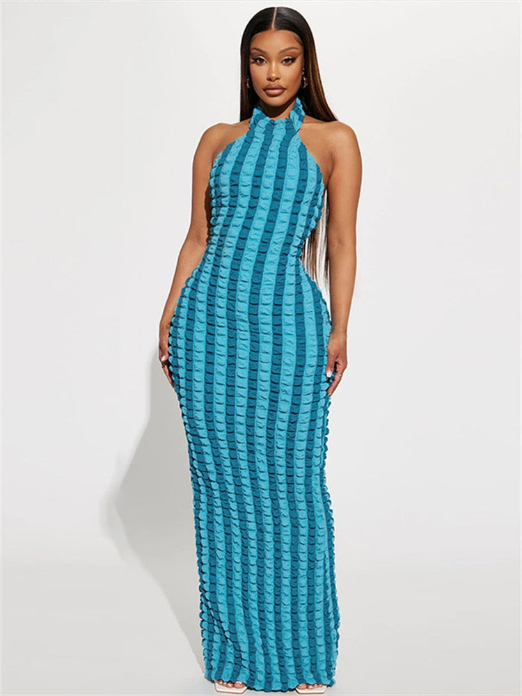 Striped Print Patchwork Sexy Bodycon Maxi Dress