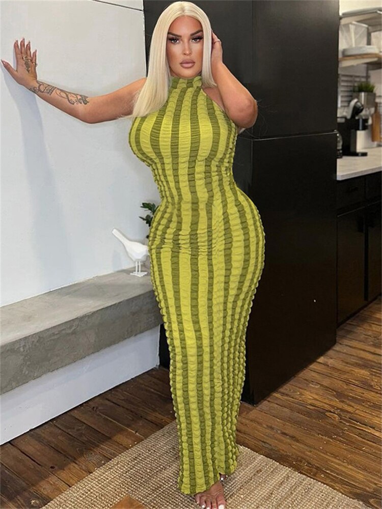 Striped Print Patchwork Sexy Bodycon Maxi Dress