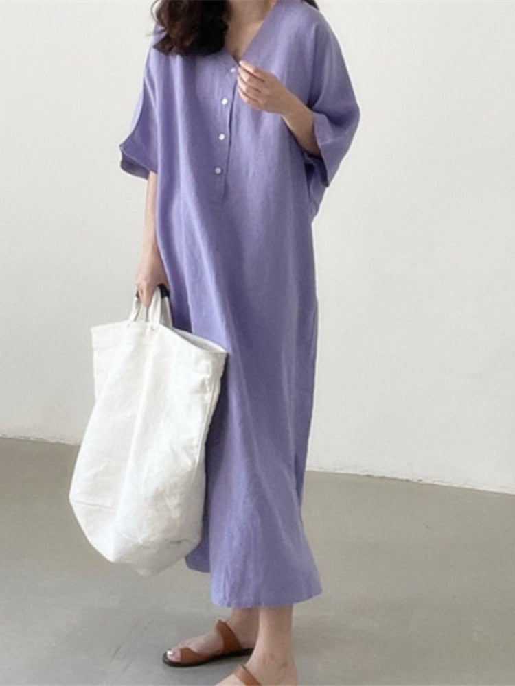 Solid V-Neck Side Split Loose Short Sleeve Long Dress
