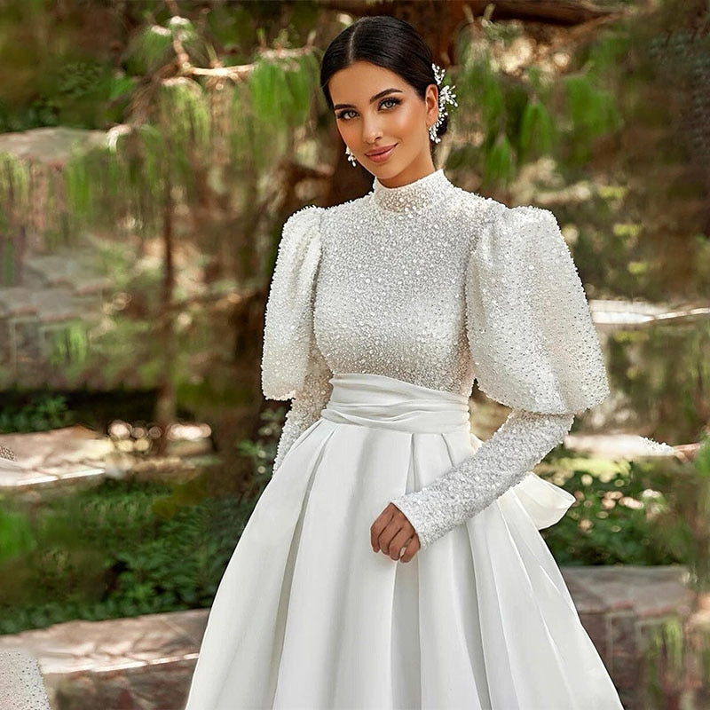 Stunning Beaded Sequined High Neck Full Sleeves Wedding Dress