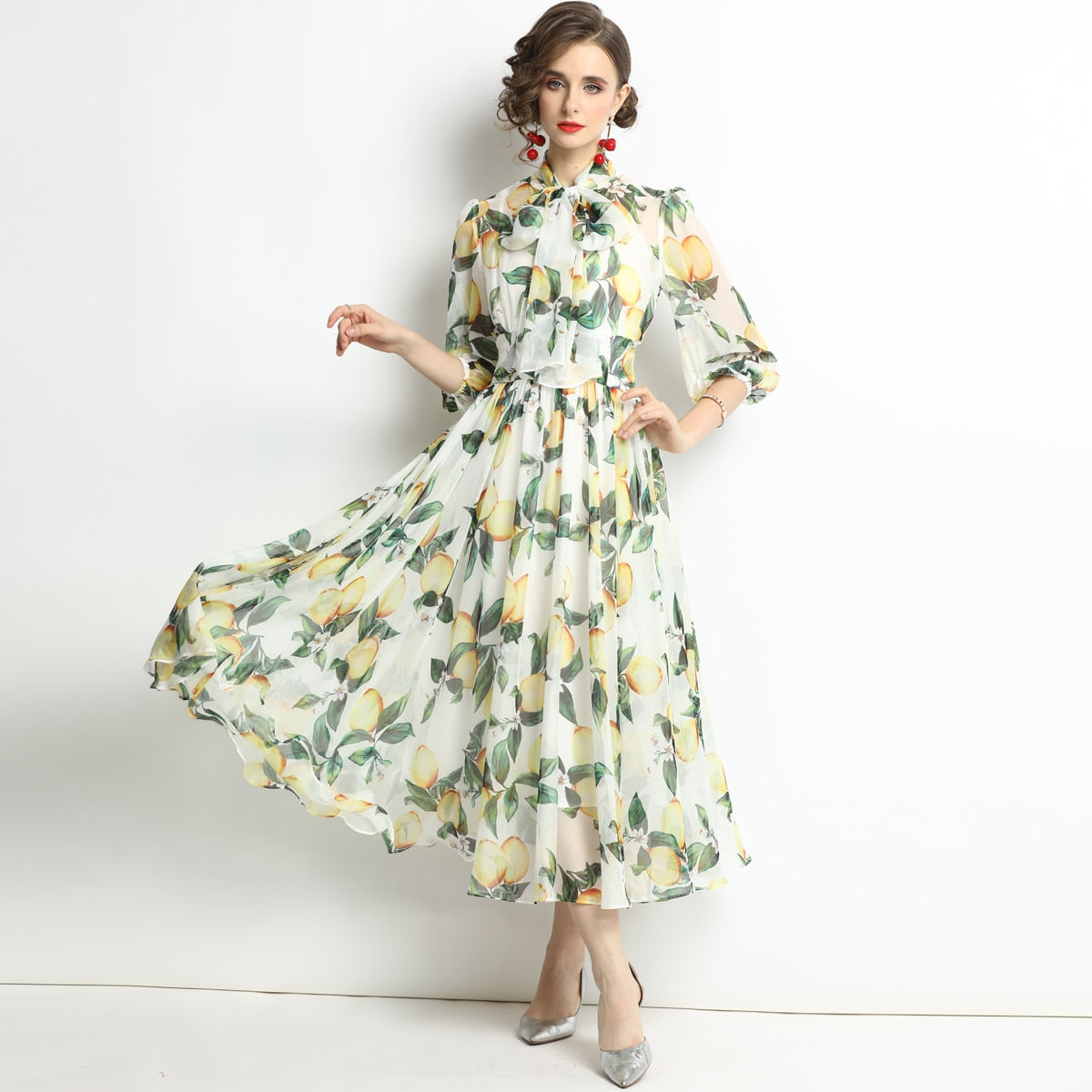 Spring Summer Holiday Rose Flower Dress Women Bow Collar Zipper Chiffon Floral Print Long Pleated Vacation Beach Vestidos