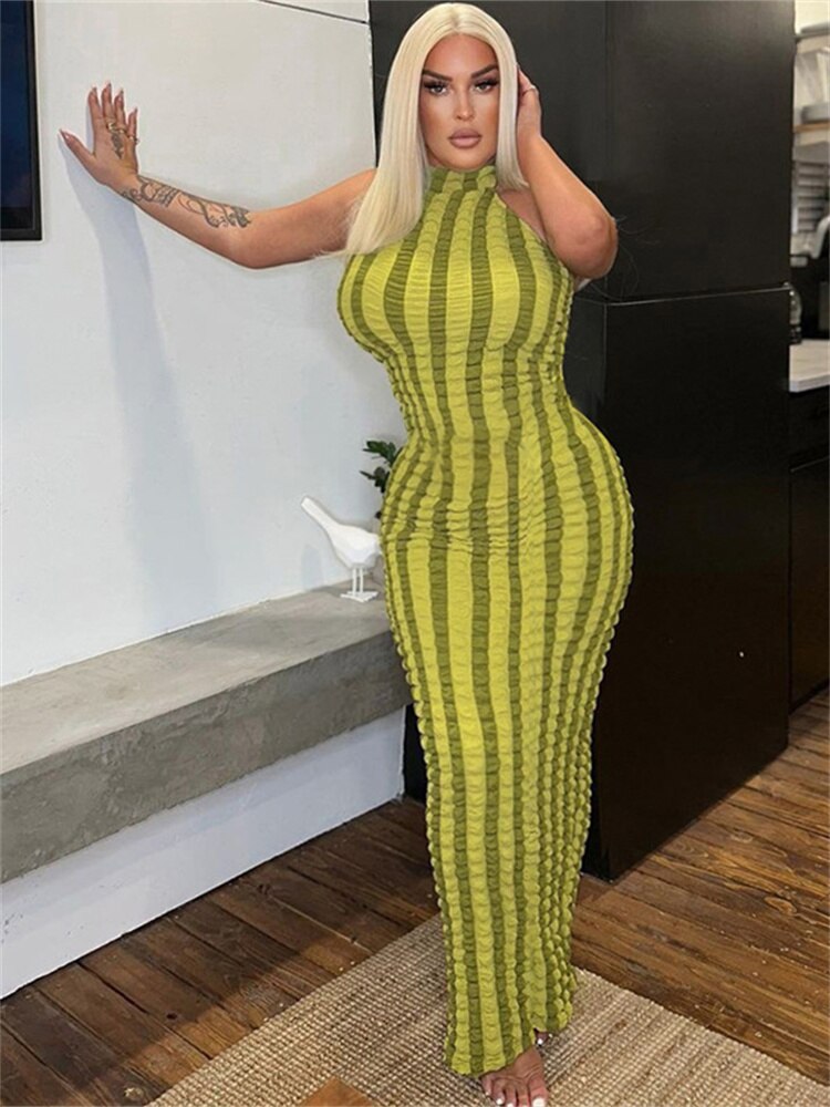 Striped Print Patchwork Sexy Bodycon Maxi Dress