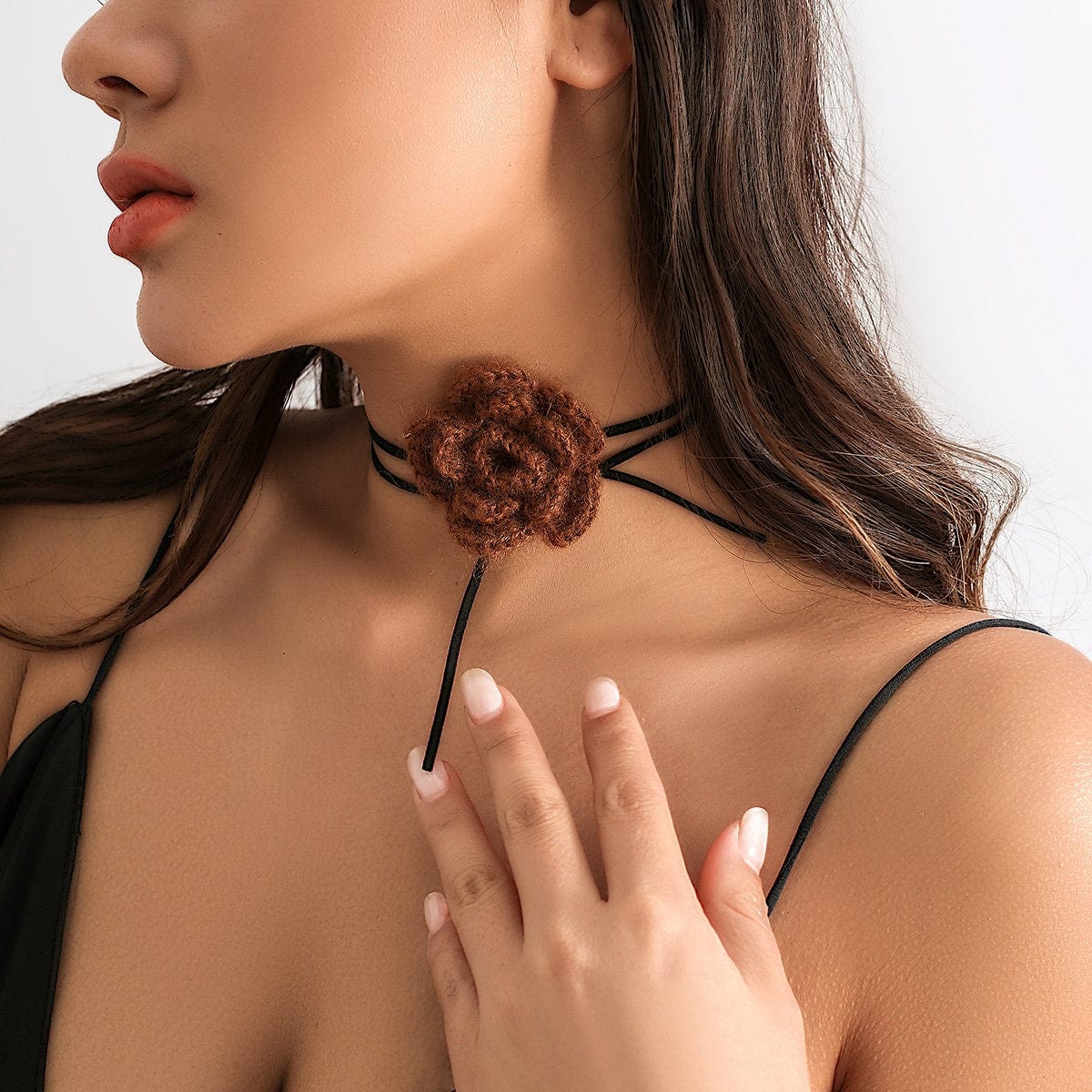 Handmade Crochet Rose Flower Velvet String Collar Choker