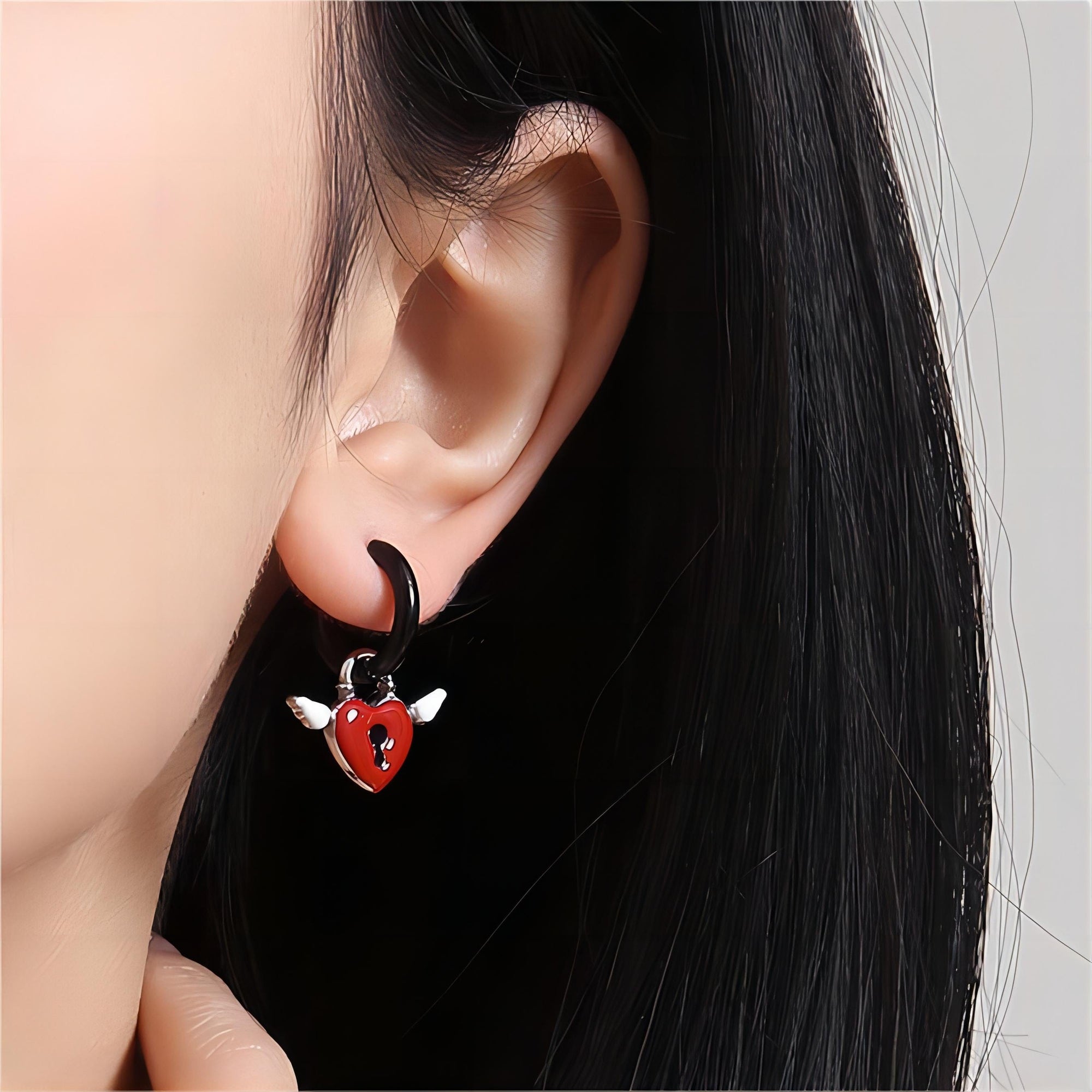 Handmade Enamel Angel Wings Heart Lock Huggie Hoop Earrings
