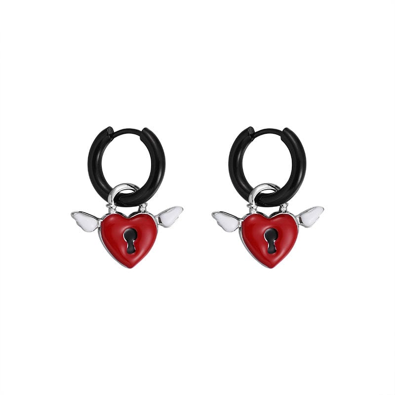 Handmade Enamel Angel Wings Heart Lock Huggie Hoop Earrings