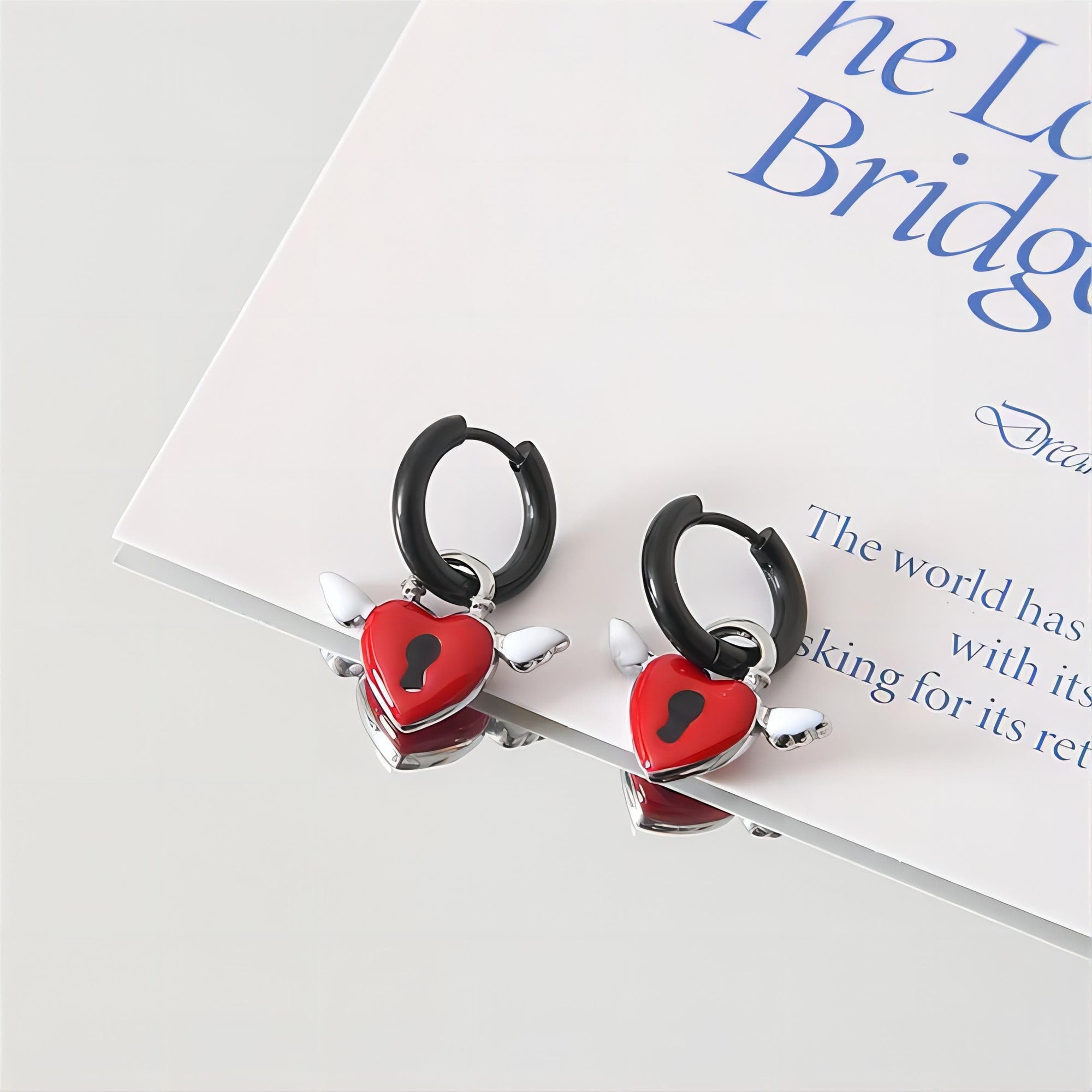 Handmade Enamel Angel Wings Heart Lock Huggie Hoop Earrings