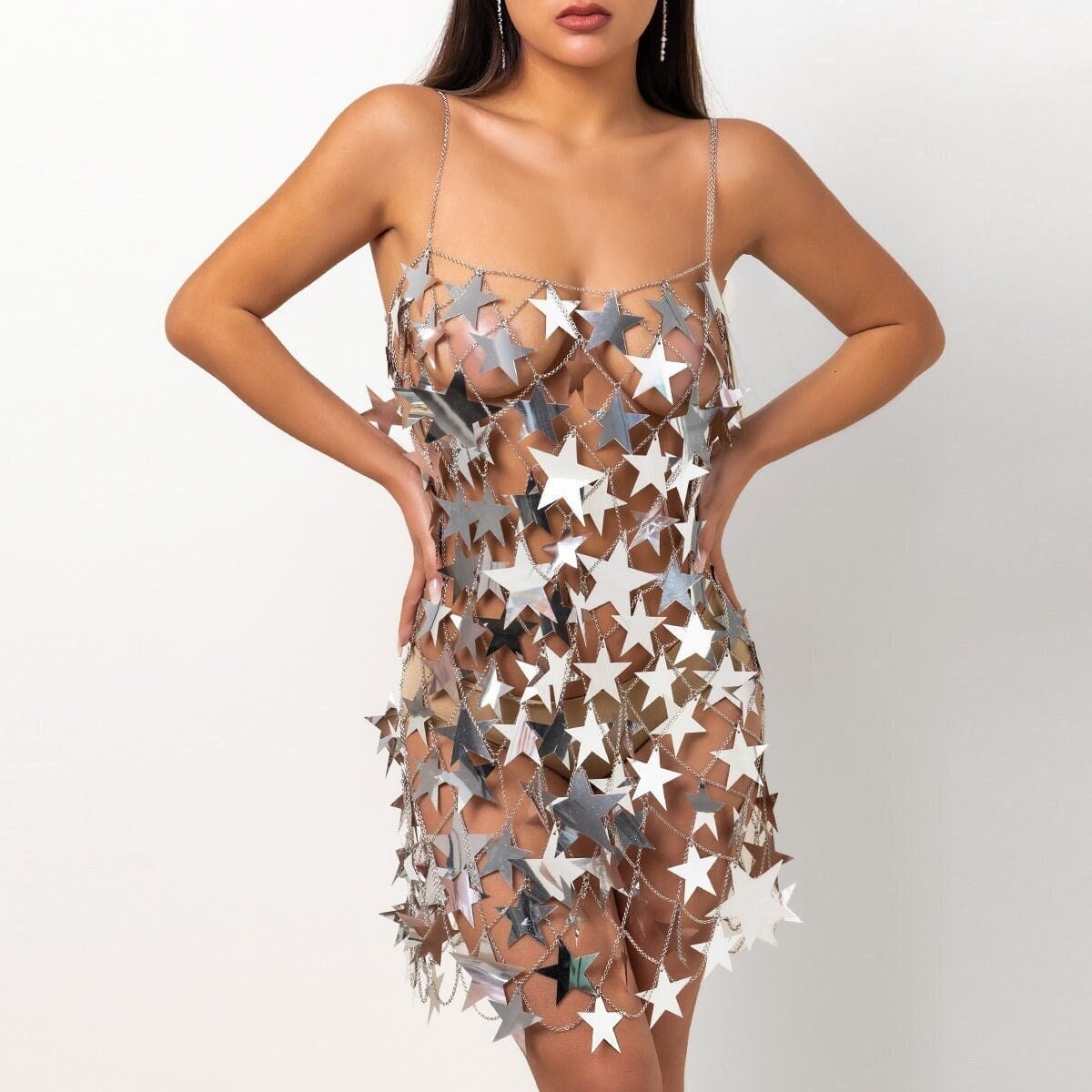 Handmade Gold Silver Tone Glitter Star Sequins Patchwork Mini Dress