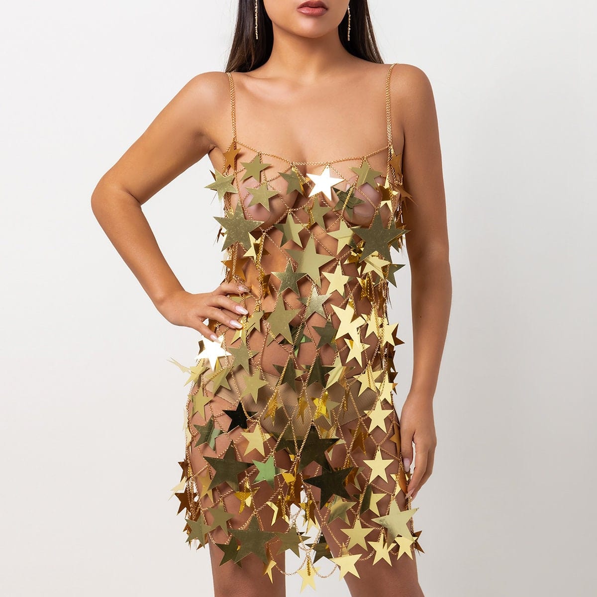 Handmade Gold Silver Tone Glitter Star Sequins Patchwork Mini Dress