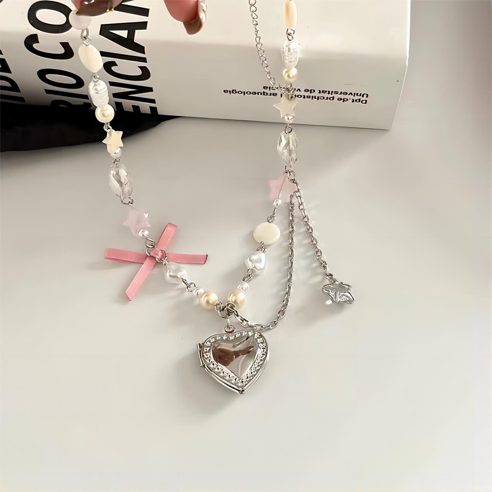 Handmade Heart Locket Pendant Crystal Star Pearl Chain Choker Necklace
