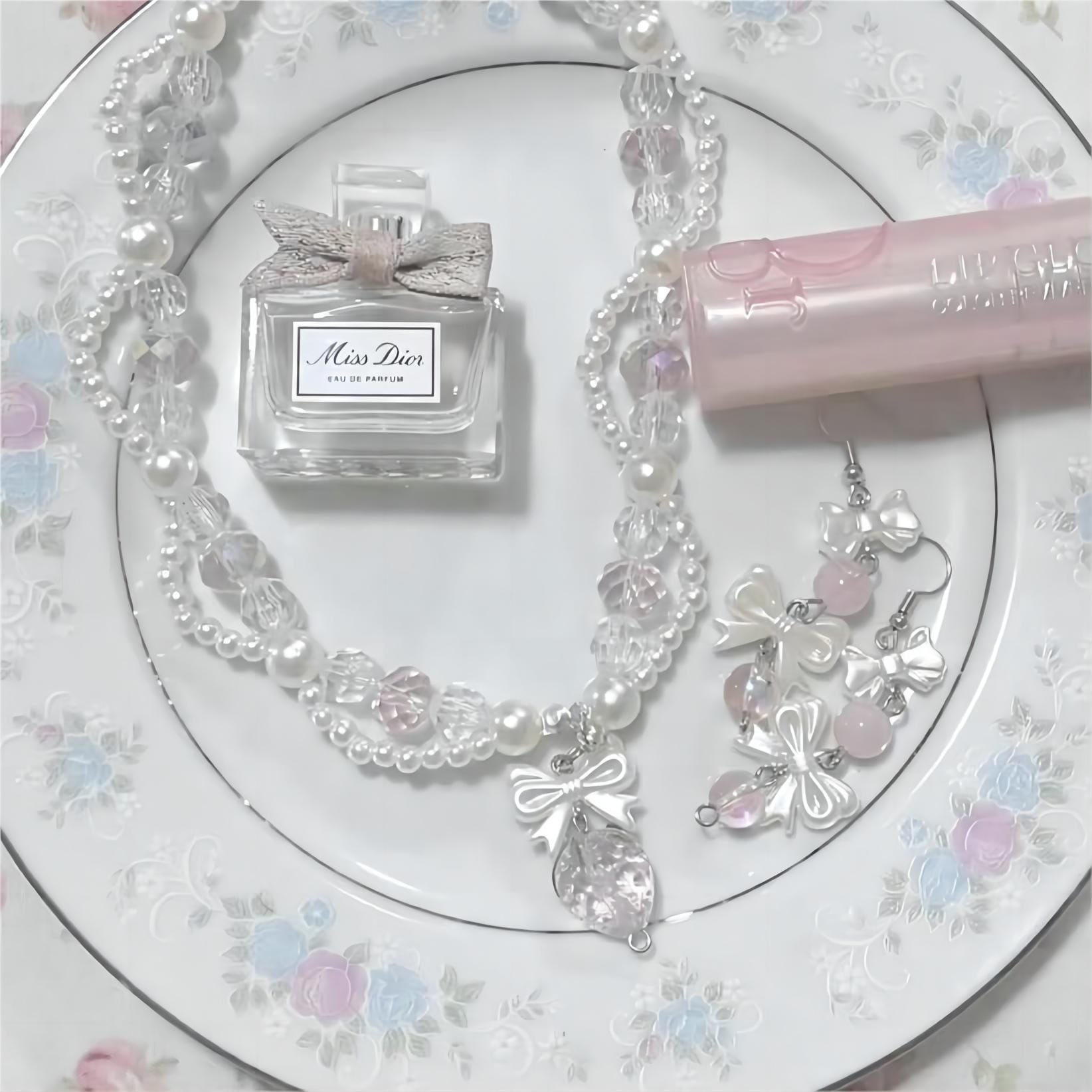 Handmade Pink Crystal Strawberry Pendant Pearl Chain Choker Necklace